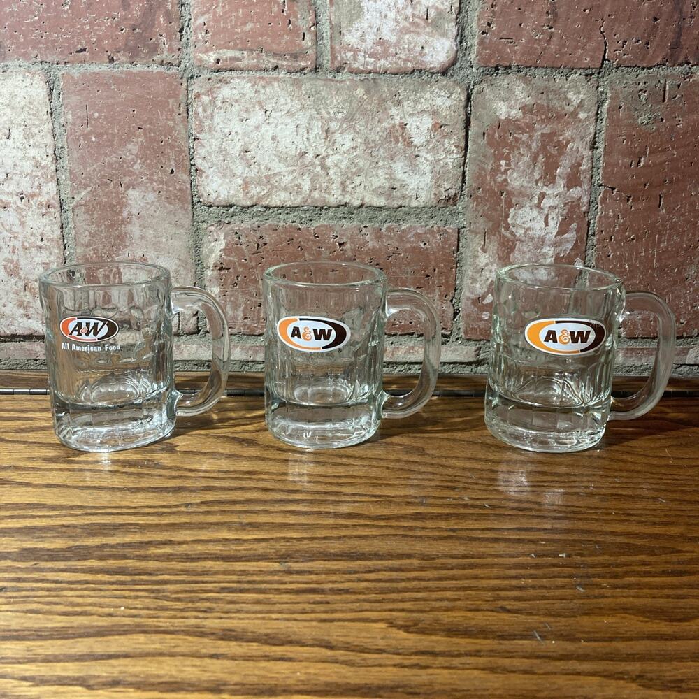 3-Vintage A&W Root Beer Mini Mug AW Oval Logo 3" Tall Collectible Glass Shot